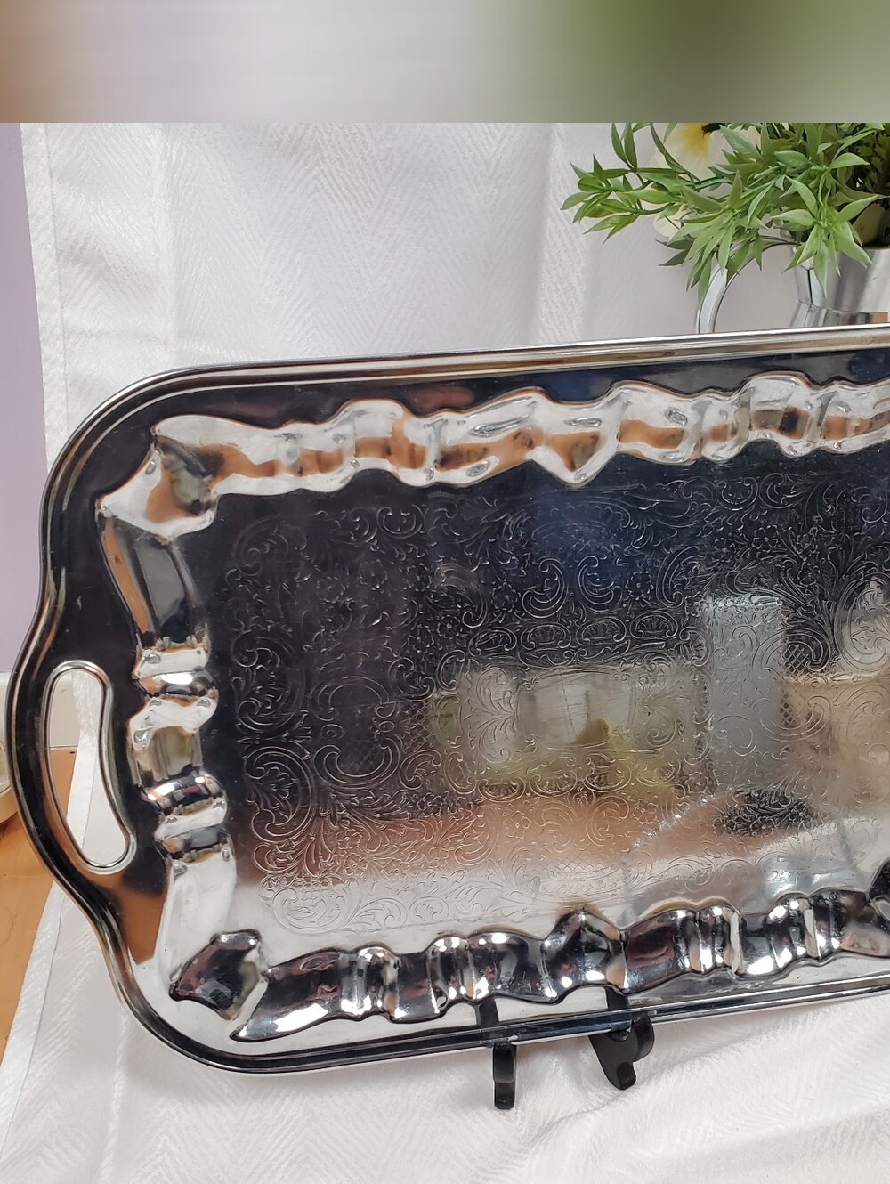 Silver  Like Decorative Stainless Serving Tray with Handles